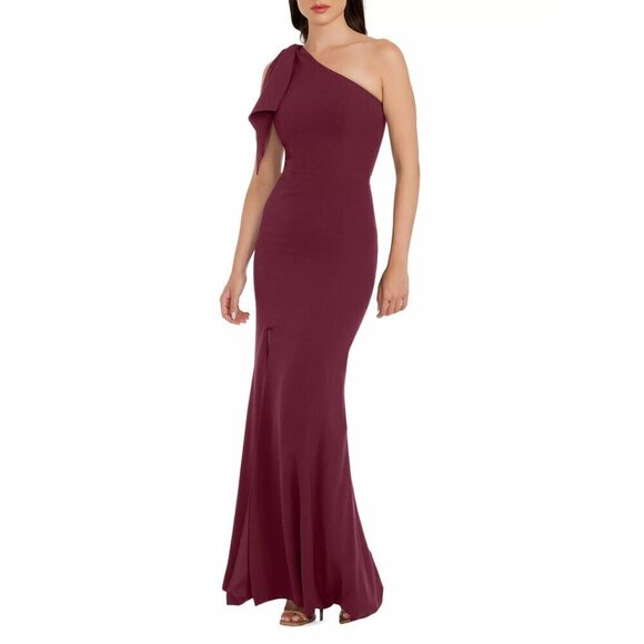 DRESS THE POPULATION Georgina One-Shoulder Crepe Gown in Burgundy Size Medium - Picture 1 of 10